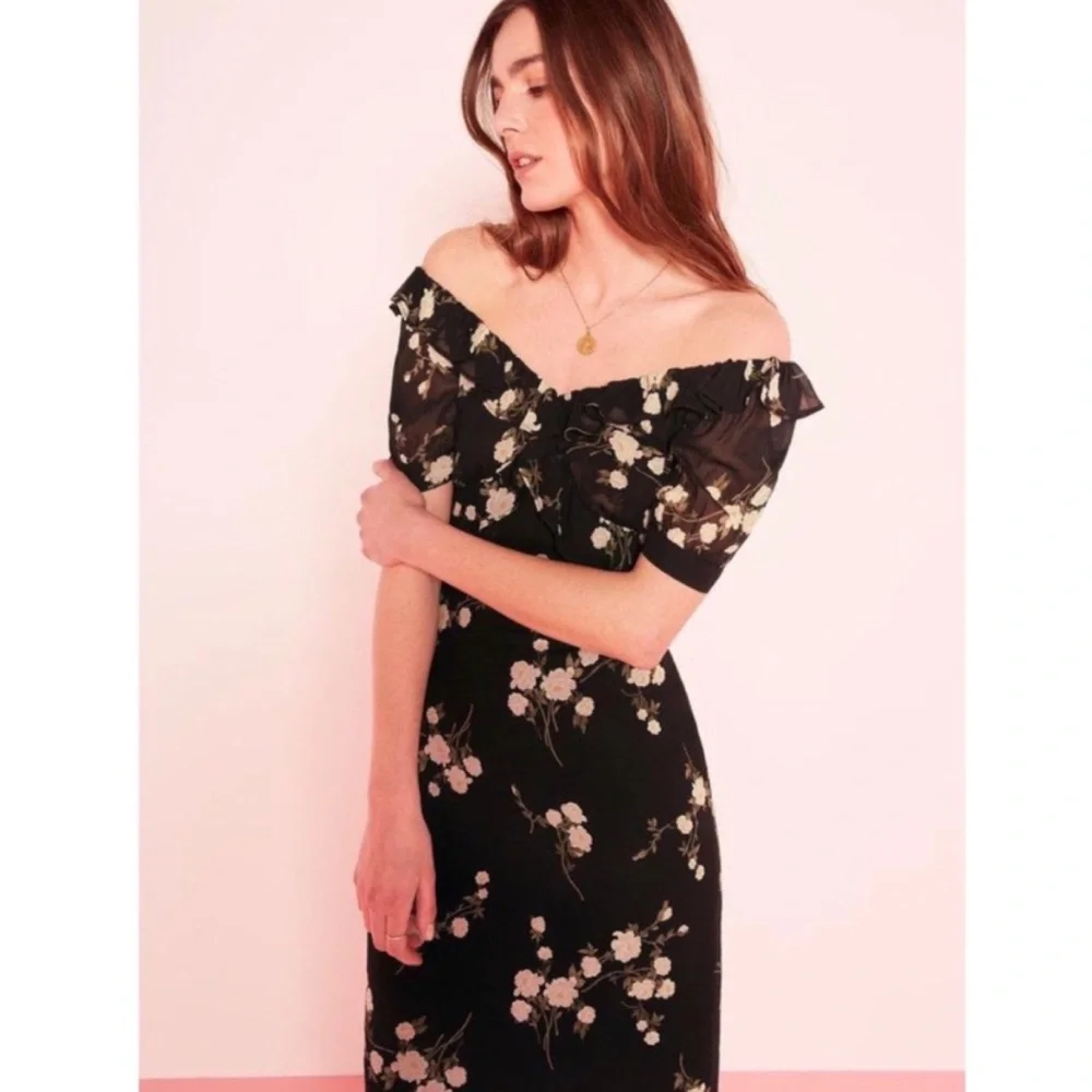 Reformation Inez Black Floral Off the Shoulder Midi Dress in Contessa Size 4 - Picture 3 of 10